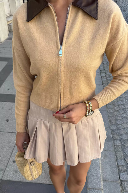 Kadın Polo Yaka Deri Garnili Fermuarlı Triko Hırka