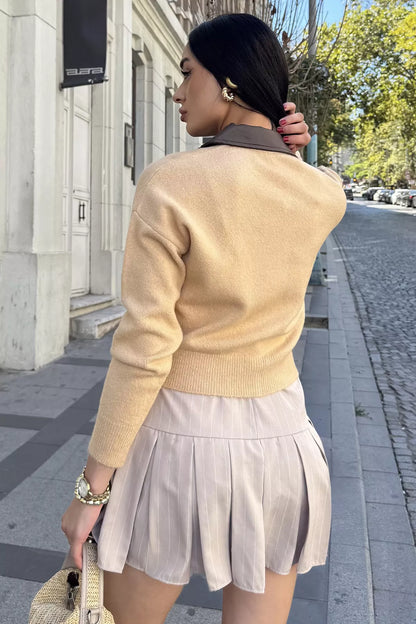 Kadın Polo Yaka Deri Garnili Fermuarlı Triko Hırka