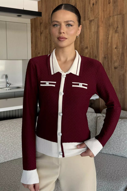 Kadın Polo Yaka İncili Düğme Detaylı Triko Hırka