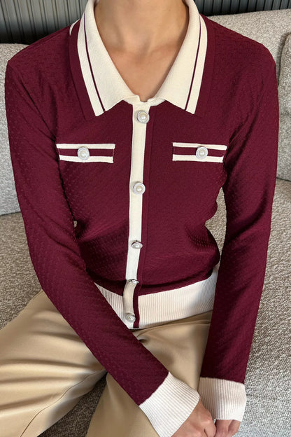 Kadın Polo Yaka İncili Düğme Detaylı Triko Hırka