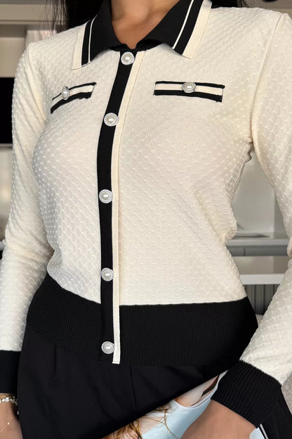 Kadın Polo Yaka İncili Düğme Detaylı Triko Hırka