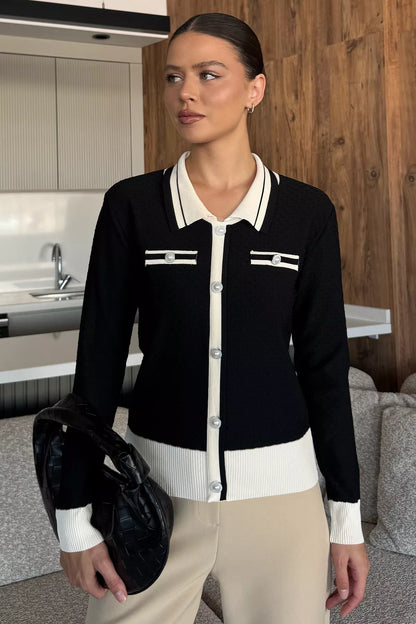 Kadın Polo Yaka İncili Düğme Detaylı Triko Hırka