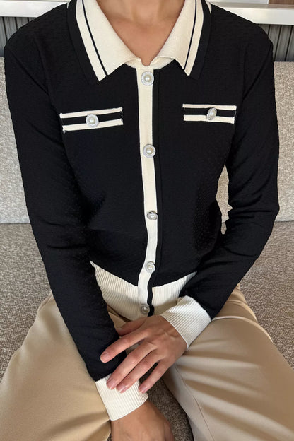 Kadın Polo Yaka İncili Düğme Detaylı Triko Hırka