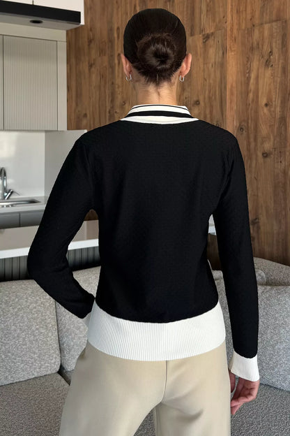 Kadın Polo Yaka İncili Düğme Detaylı Triko Hırka