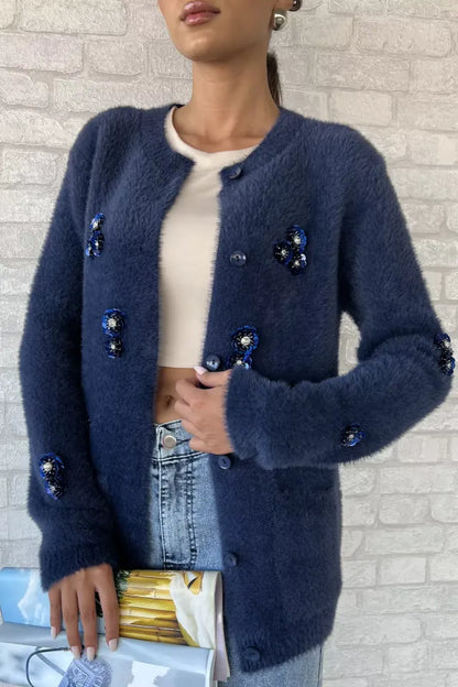 Kadın Pul İşlemeli Yumoş İplik Triko Ceket