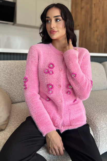 Kadın Pul İşlemeli Yumoş İplik Triko Ceket