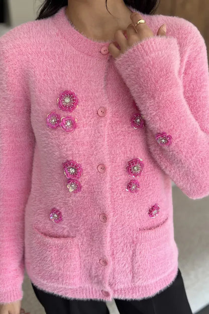 Kadın Pul İşlemeli Yumoş İplik Triko Ceket