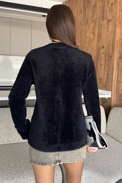 Kadın Pul İşlemeli Yumoş İplik Triko Ceket