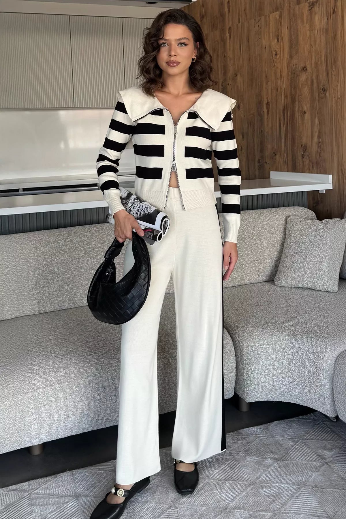 Kadın Şerit Desenli Triko Hırka Pantolon İkili Takım