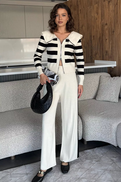 Kadın Şerit Desenli Triko Hırka Pantolon İkili Takım