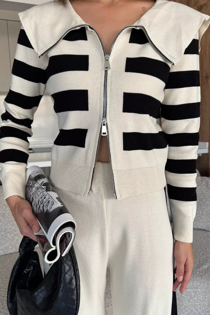 Kadın Şerit Desenli Triko Hırka Pantolon İkili Takım