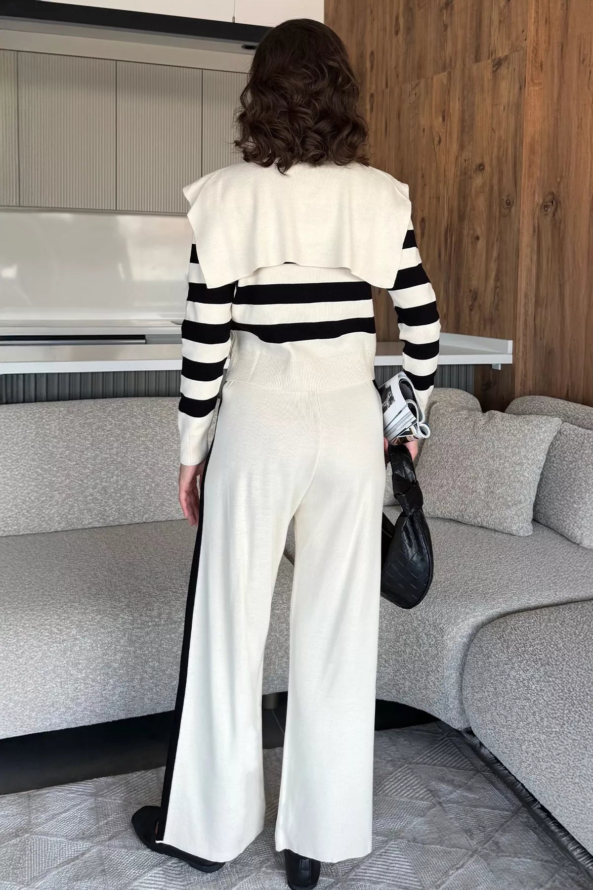Kadın Şerit Desenli Triko Hırka Pantolon İkili Takım