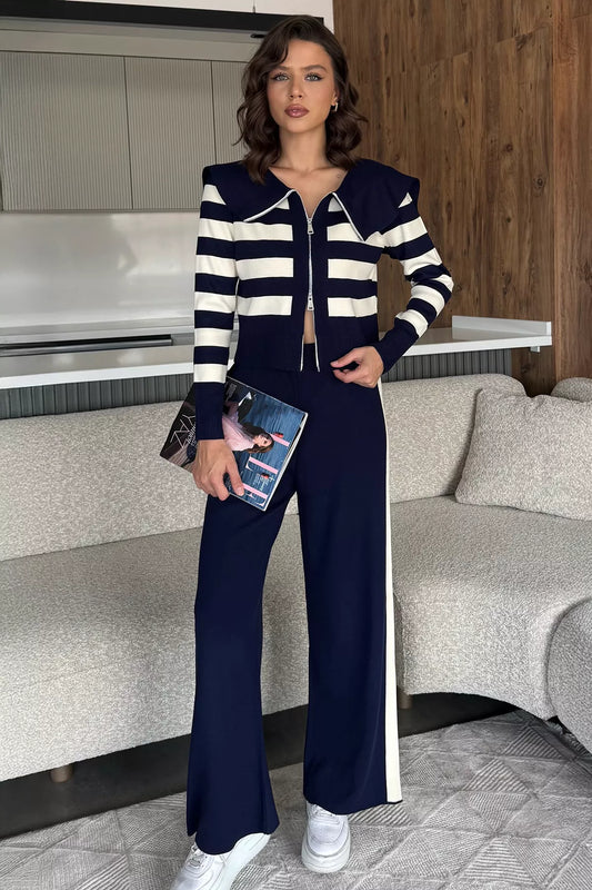 Kadın Şerit Desenli Triko Hırka Pantolon İkili Takım