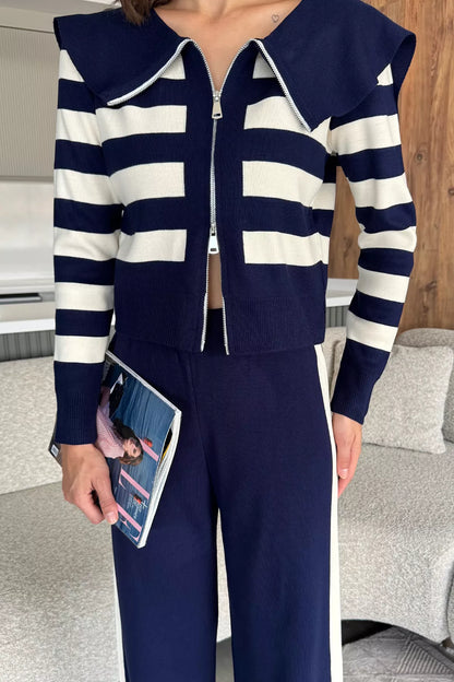 Kadın Şerit Desenli Triko Hırka Pantolon İkili Takım