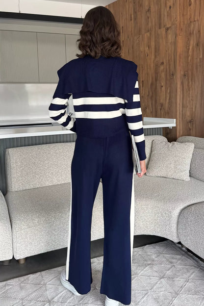 Kadın Şerit Desenli Triko Hırka Pantolon İkili Takım