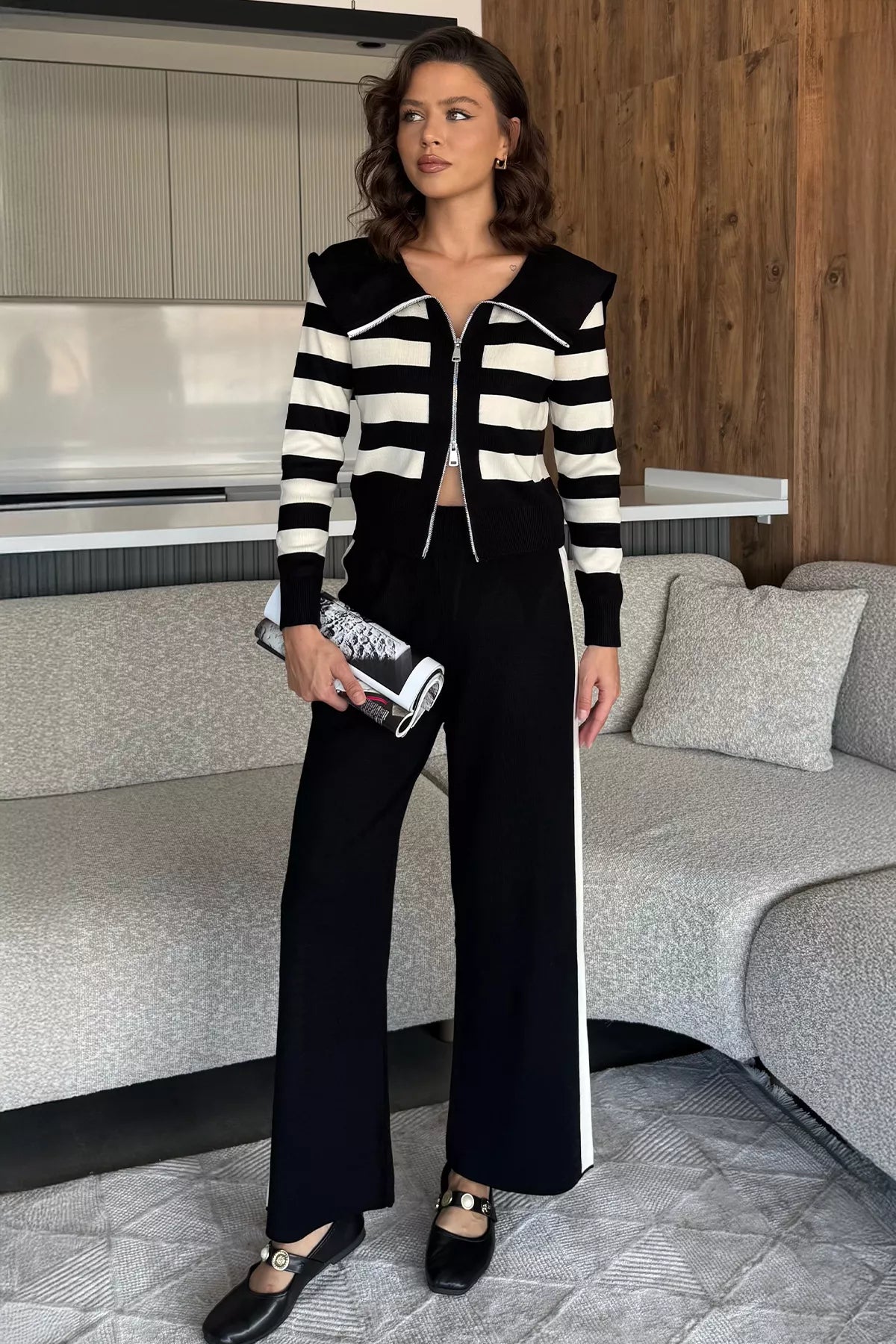 Kadın Şerit Desenli Triko Hırka Pantolon İkili Takım