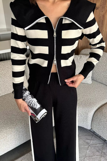 Kadın Şerit Desenli Triko Hırka Pantolon İkili Takım