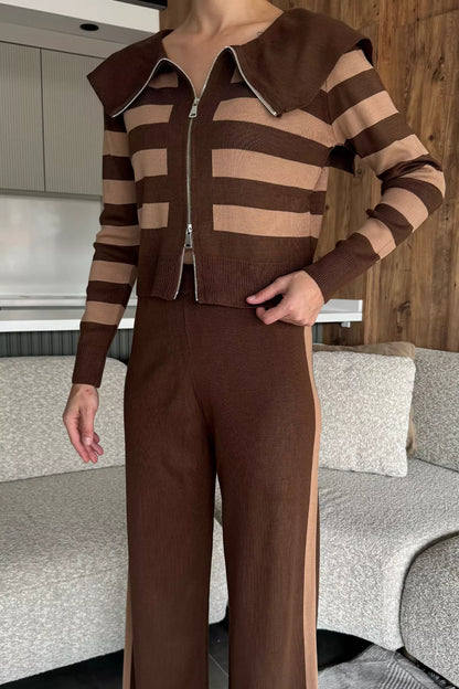Kadın Şerit Desenli Triko Hırka Pantolon İkili Takım