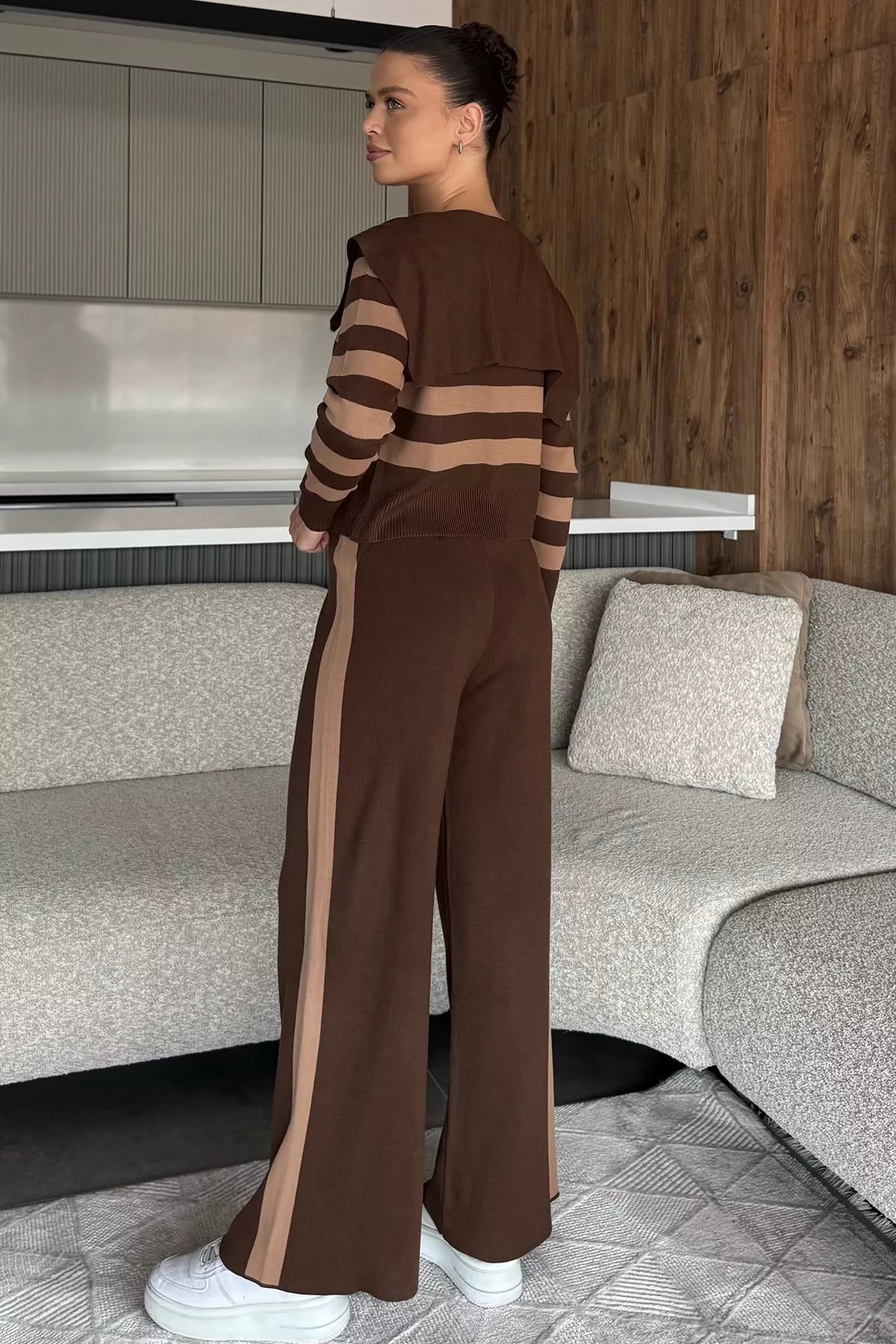 Kadın Şerit Desenli Triko Hırka Pantolon İkili Takım