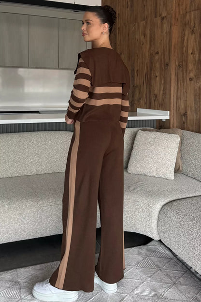 Kadın Şerit Desenli Triko Hırka Pantolon İkili Takım
