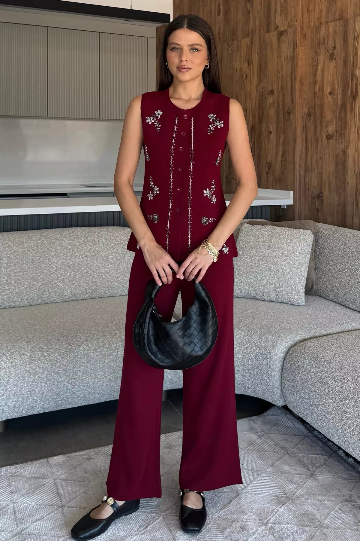 Kadın Taş İşlemeli Triko Pantolon Yelek İkili Takım