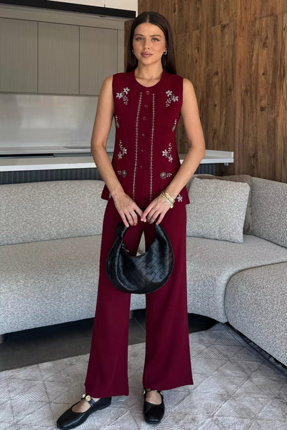 Kadın Taş İşlemeli Triko Pantolon Yelek İkili Takım