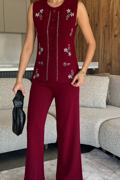 Kadın Taş İşlemeli Triko Pantolon Yelek İkili Takım