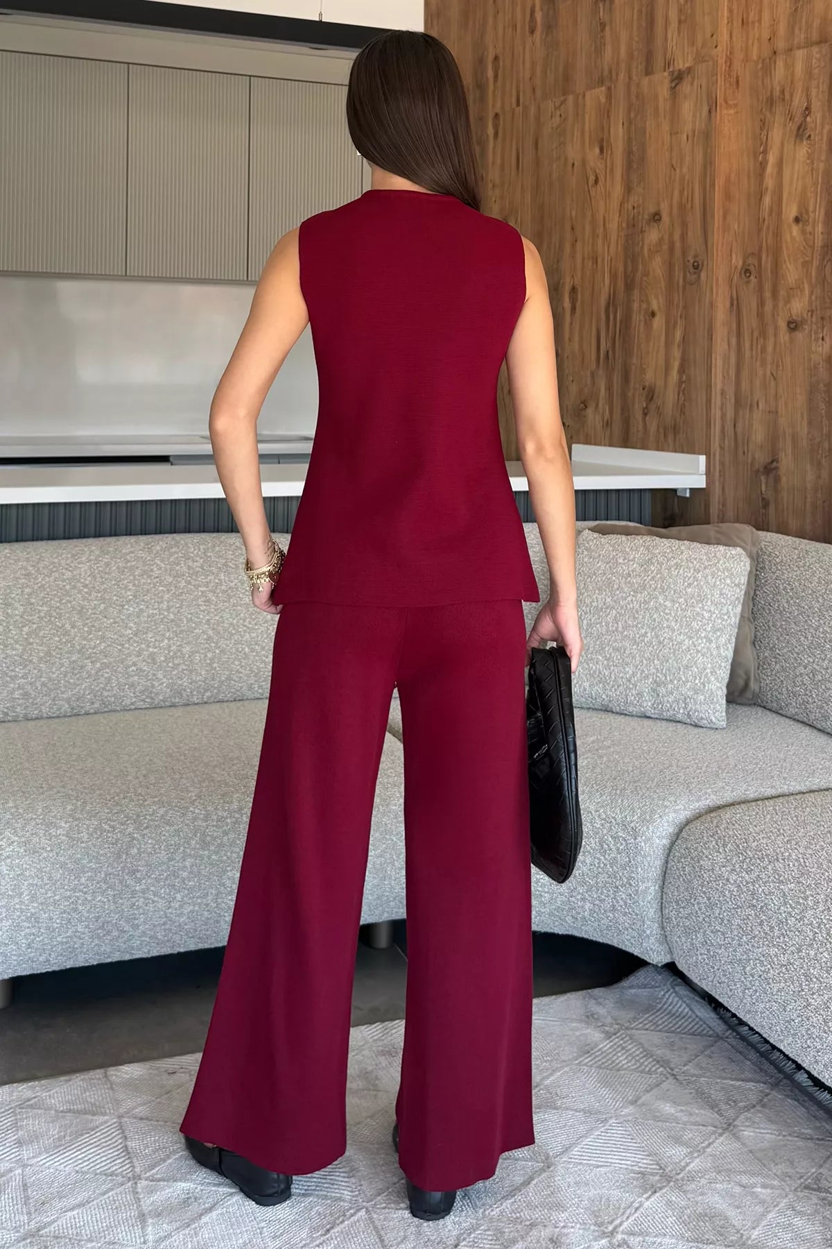 Kadın Taş İşlemeli Triko Pantolon Yelek İkili Takım