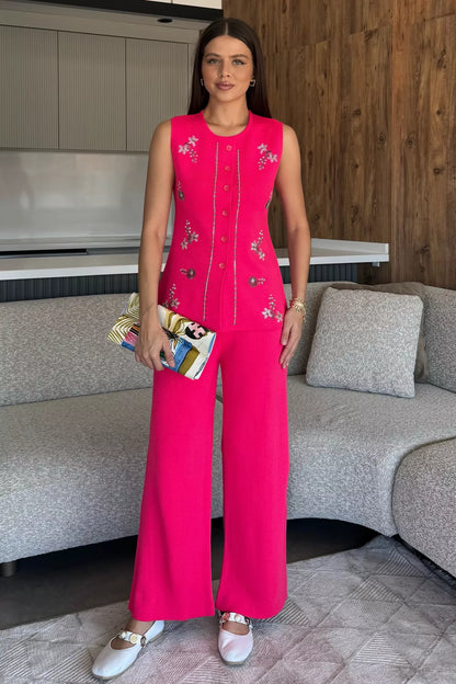 Kadın Taş İşlemeli Triko Pantolon Yelek İkili Takım