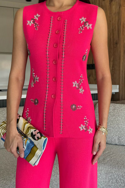 Kadın Taş İşlemeli Triko Pantolon Yelek İkili Takım