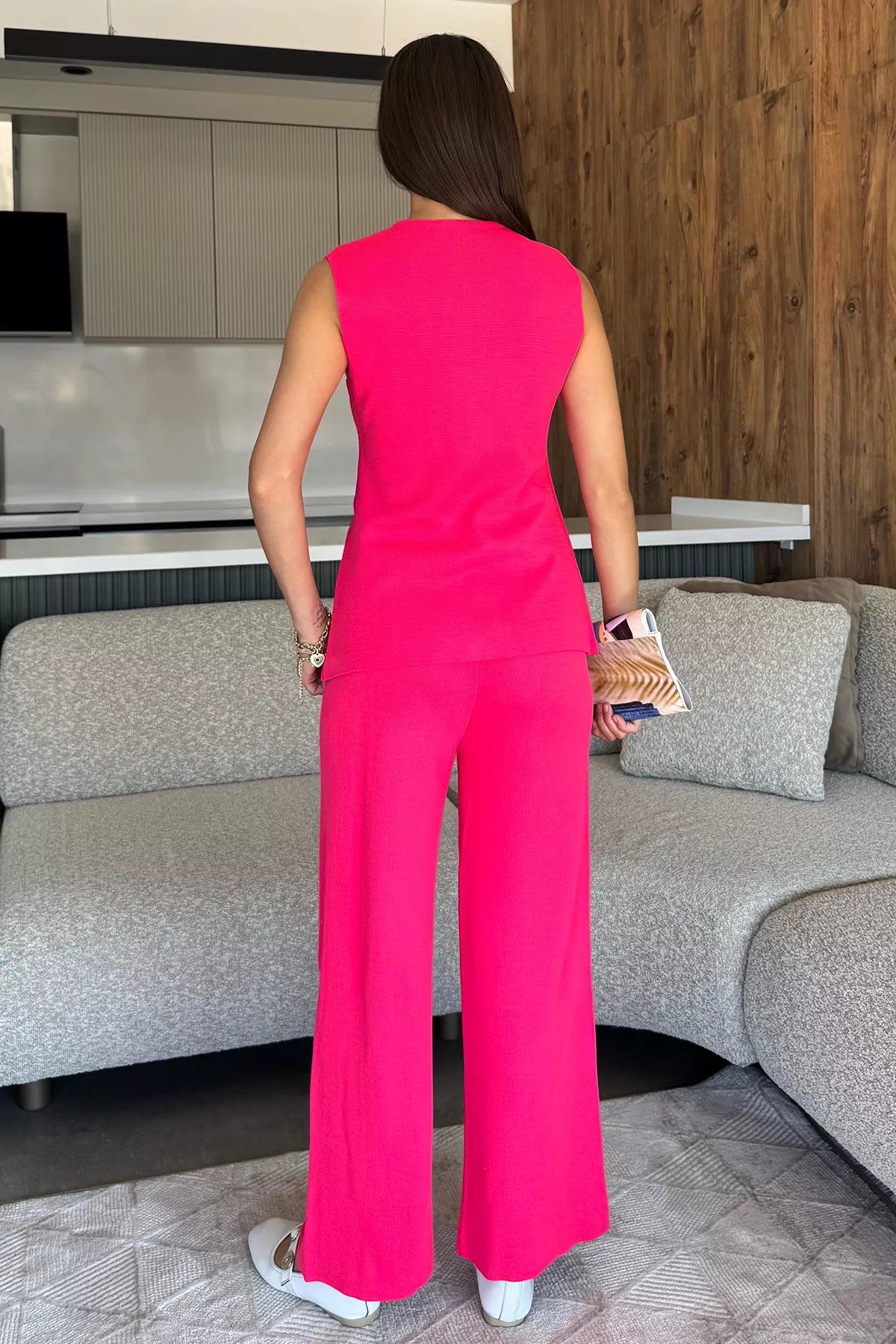 Kadın Taş İşlemeli Triko Pantolon Yelek İkili Takım