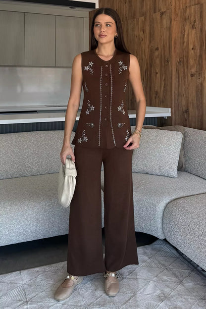 Kadın Taş İşlemeli Triko Pantolon Yelek İkili Takım