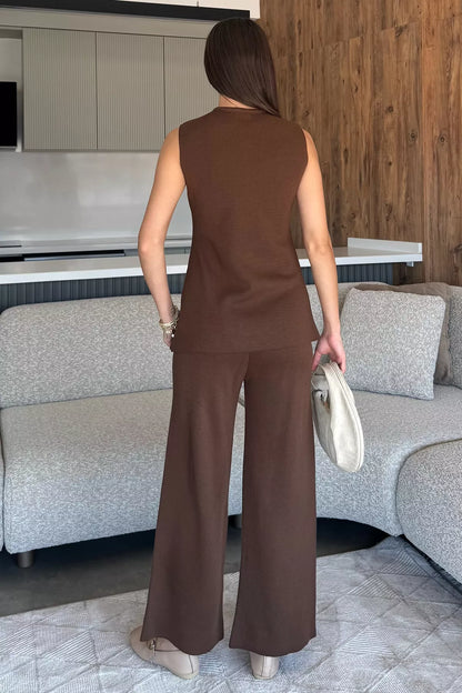 Kadın Taş İşlemeli Triko Pantolon Yelek İkili Takım