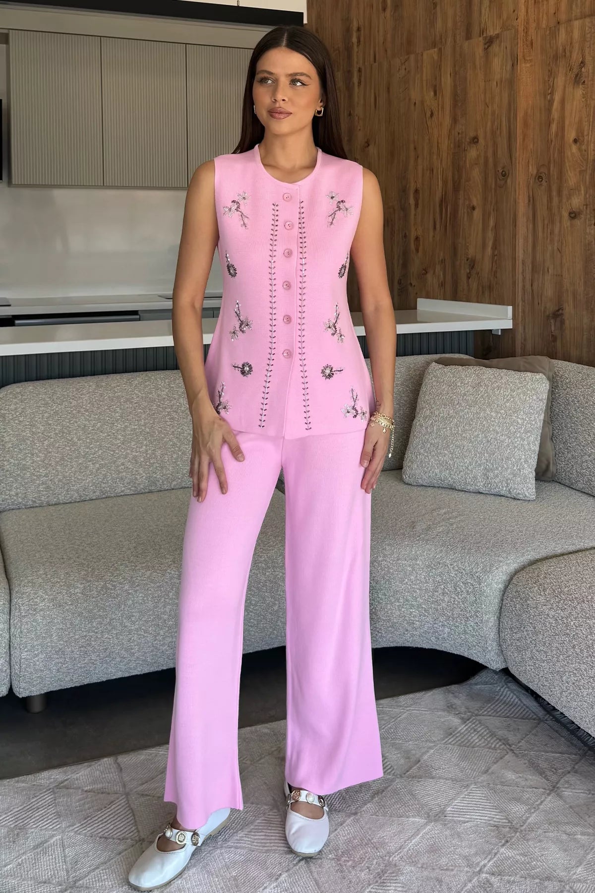 Kadın Taş İşlemeli Triko Pantolon Yelek İkili Takım