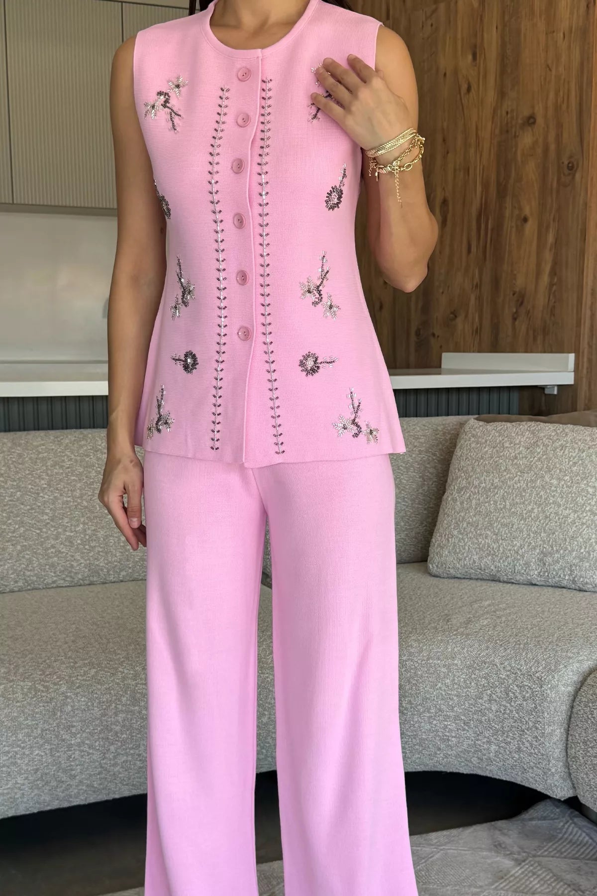 Kadın Taş İşlemeli Triko Pantolon Yelek İkili Takım