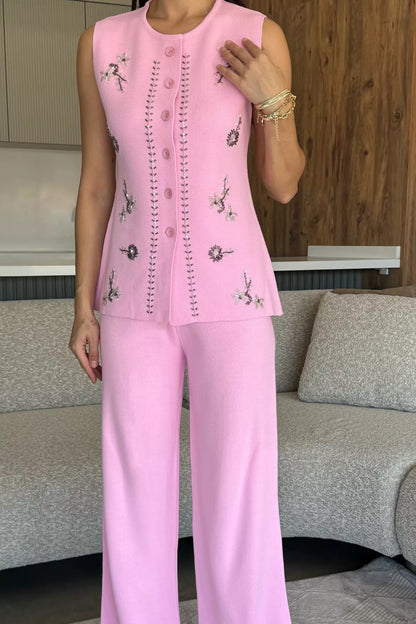 Kadın Taş İşlemeli Triko Pantolon Yelek İkili Takım