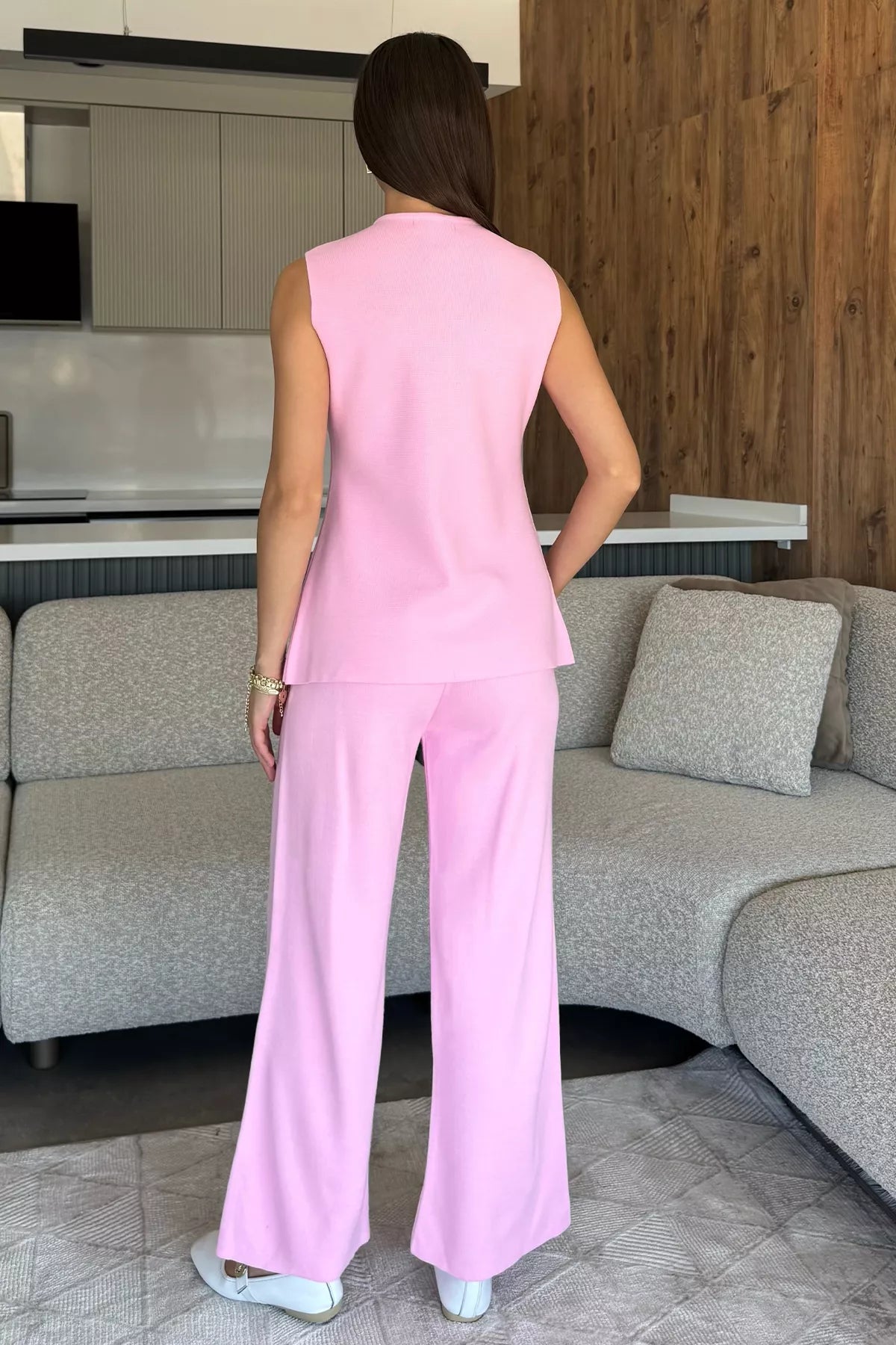 Kadın Taş İşlemeli Triko Pantolon Yelek İkili Takım