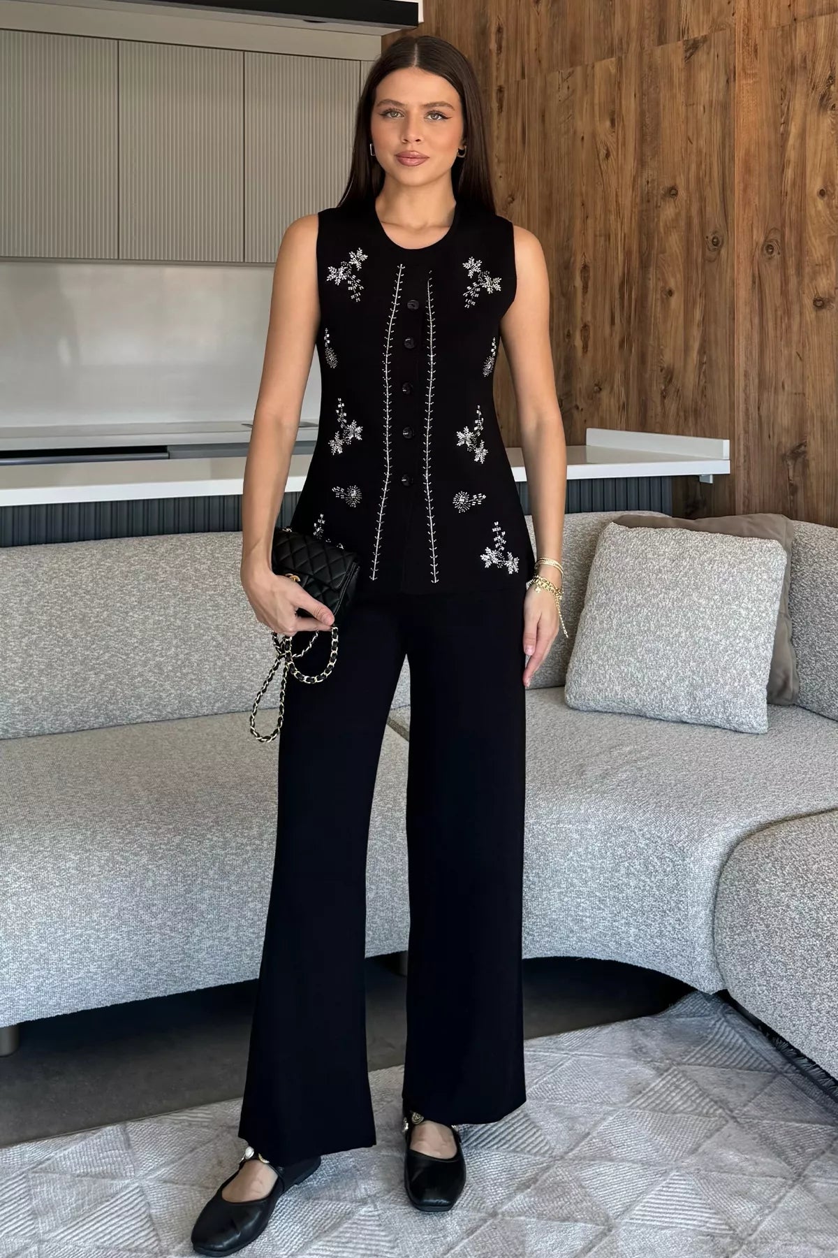 Kadın Taş İşlemeli Triko Pantolon Yelek İkili Takım