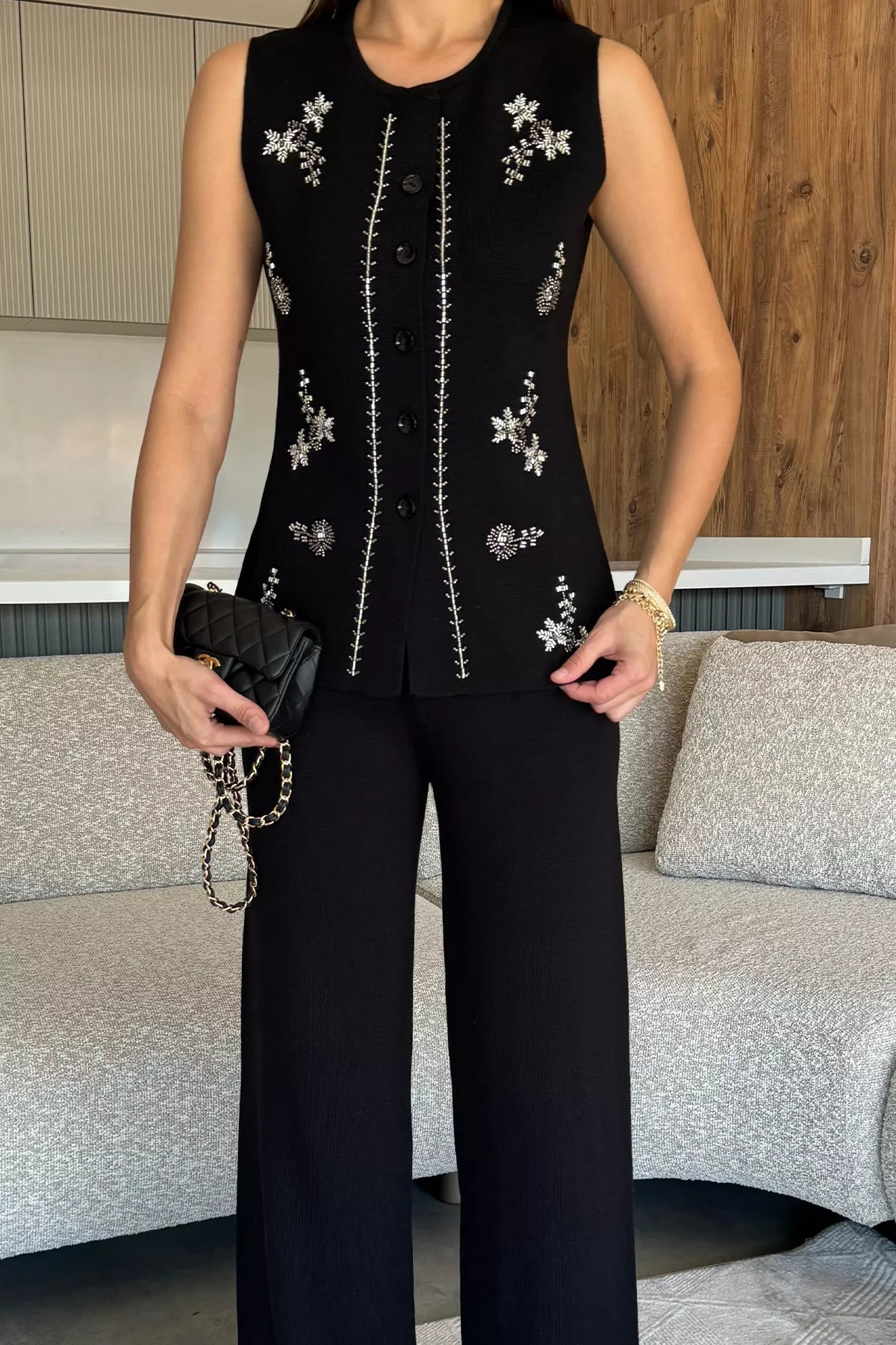 Kadın Taş İşlemeli Triko Pantolon Yelek İkili Takım