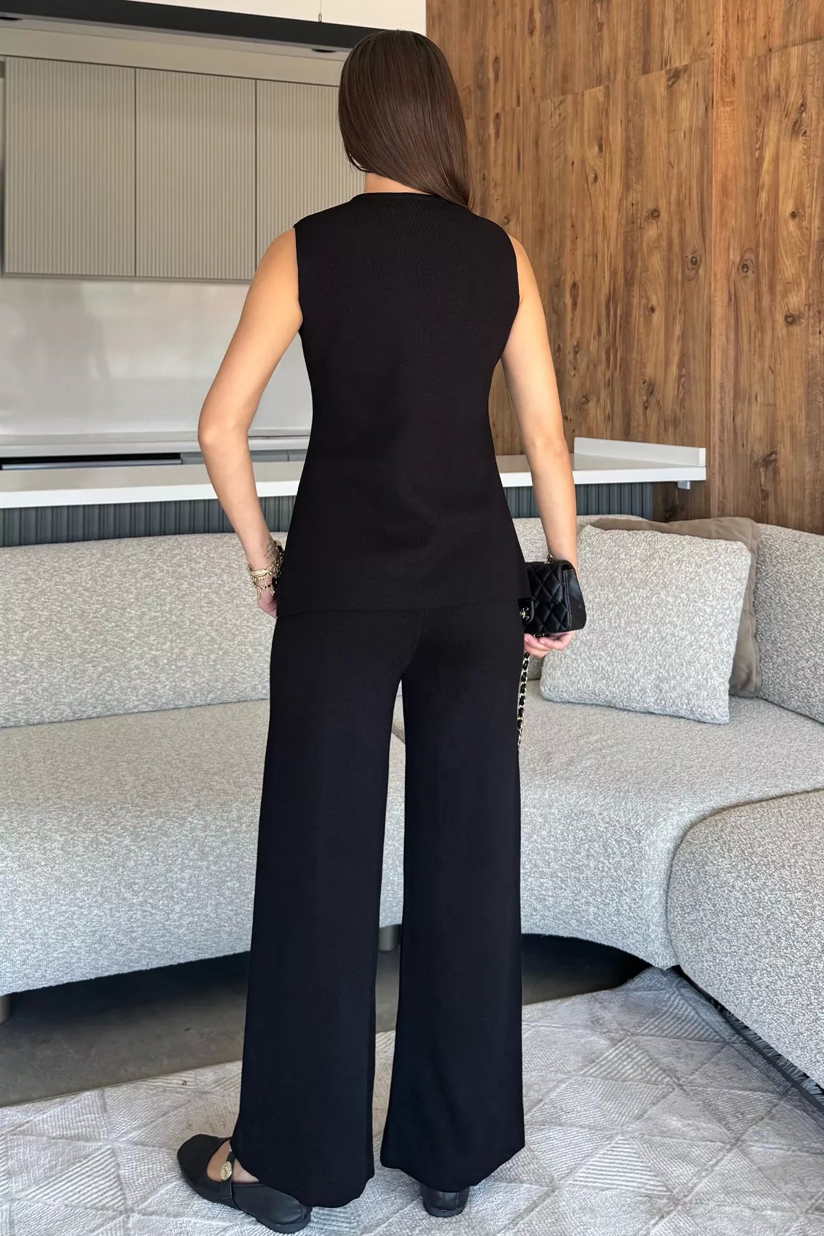 Kadın Taş İşlemeli Triko Pantolon Yelek İkili Takım