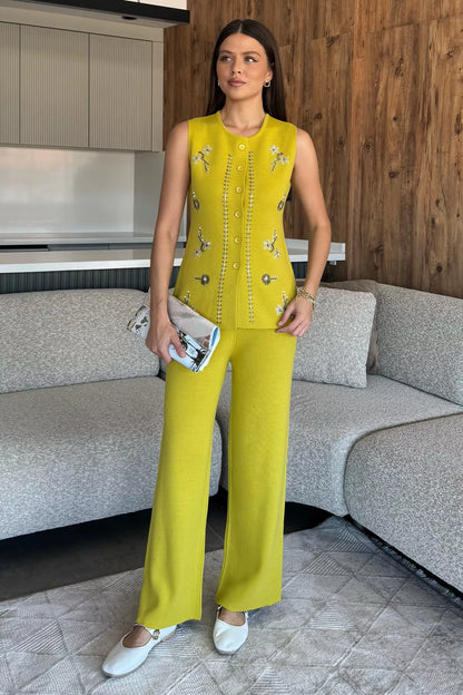 Kadın Taş İşlemeli Triko Pantolon Yelek İkili Takım