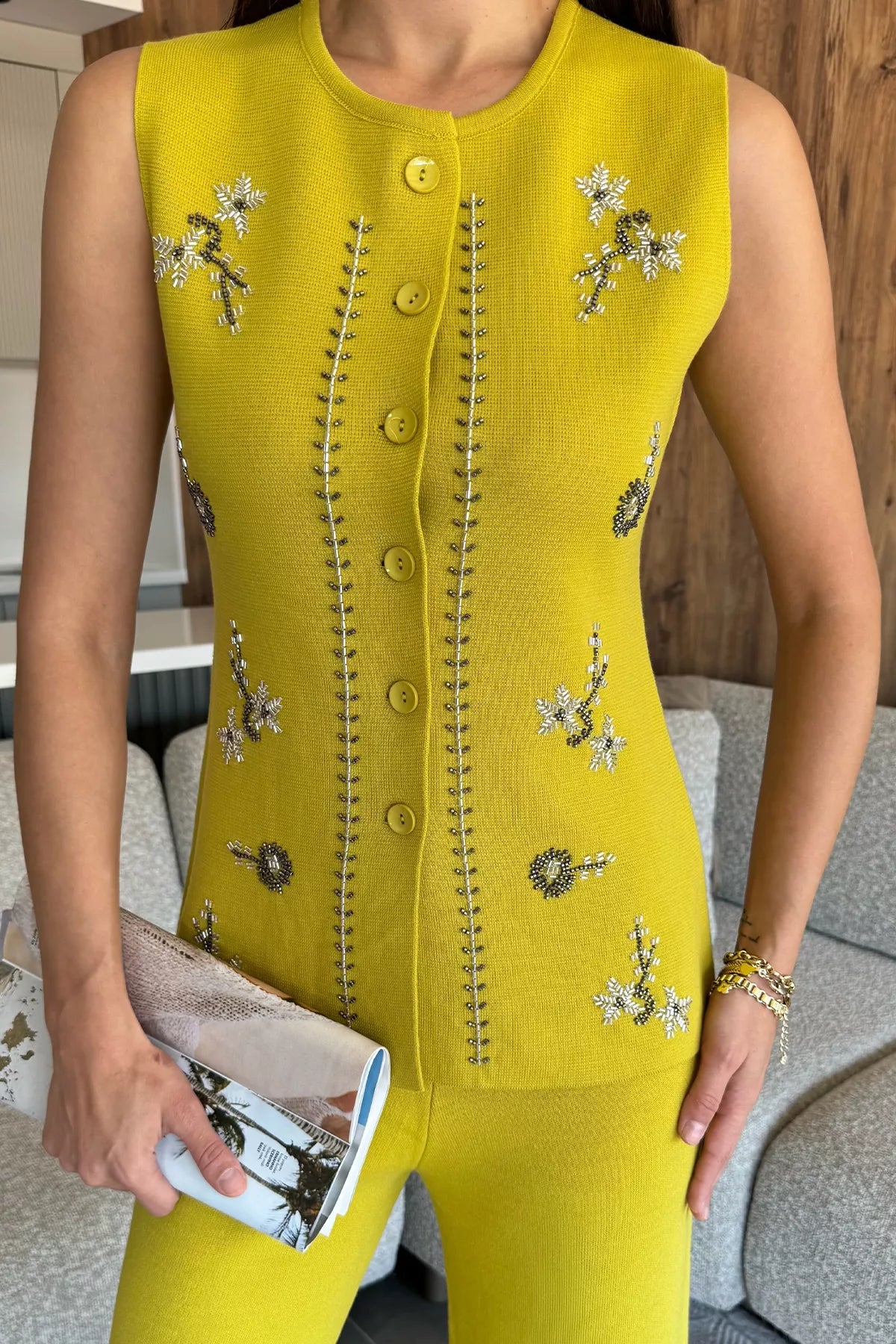 Kadın Taş İşlemeli Triko Pantolon Yelek İkili Takım