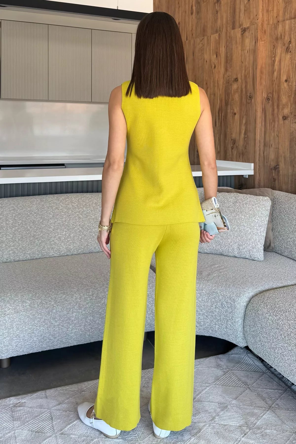 Kadın Taş İşlemeli Triko Pantolon Yelek İkili Takım