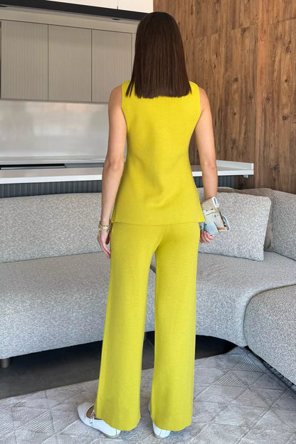 Kadın Taş İşlemeli Triko Pantolon Yelek İkili Takım