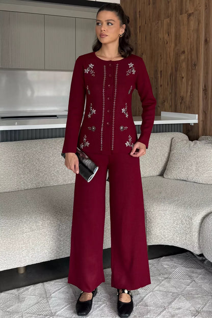 Kadın Taşlı Triko Hırka Pantolon İkili Takım