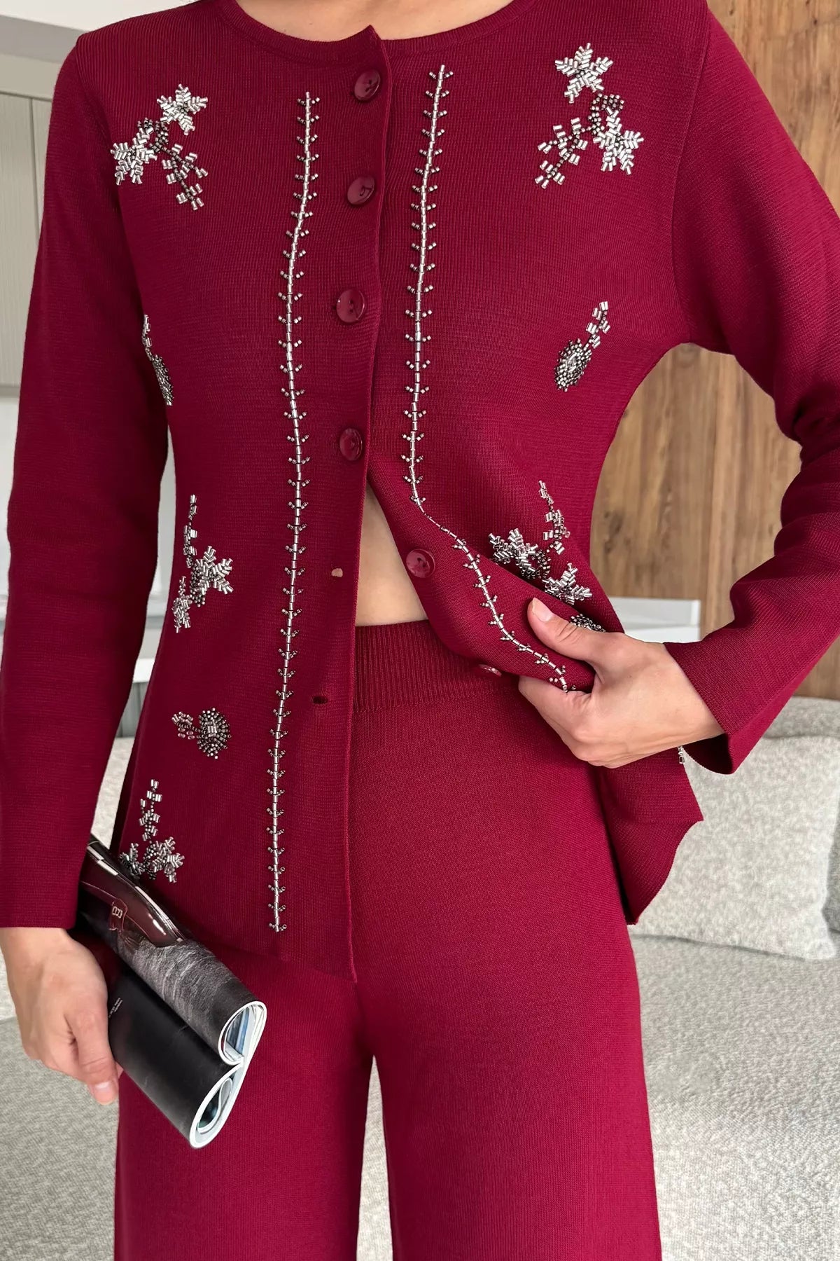 Kadın Taşlı Triko Hırka Pantolon İkili Takım