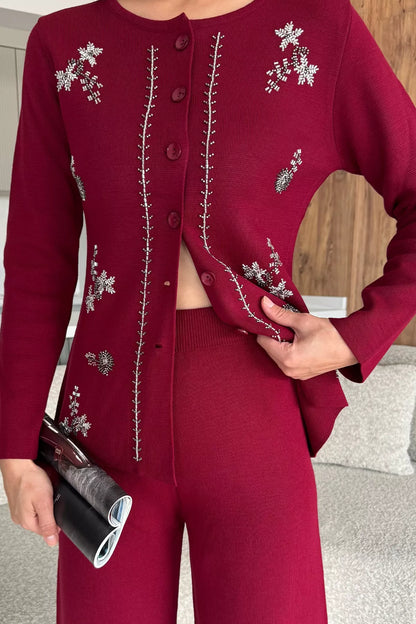 Kadın Taşlı Triko Hırka Pantolon İkili Takım