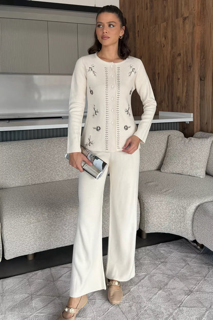 Kadın Taşlı Triko Hırka Pantolon İkili Takım