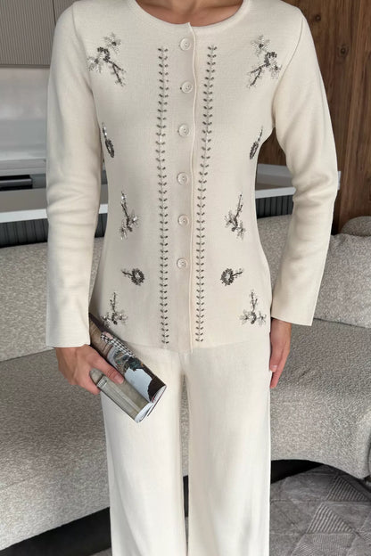 Kadın Taşlı Triko Hırka Pantolon İkili Takım