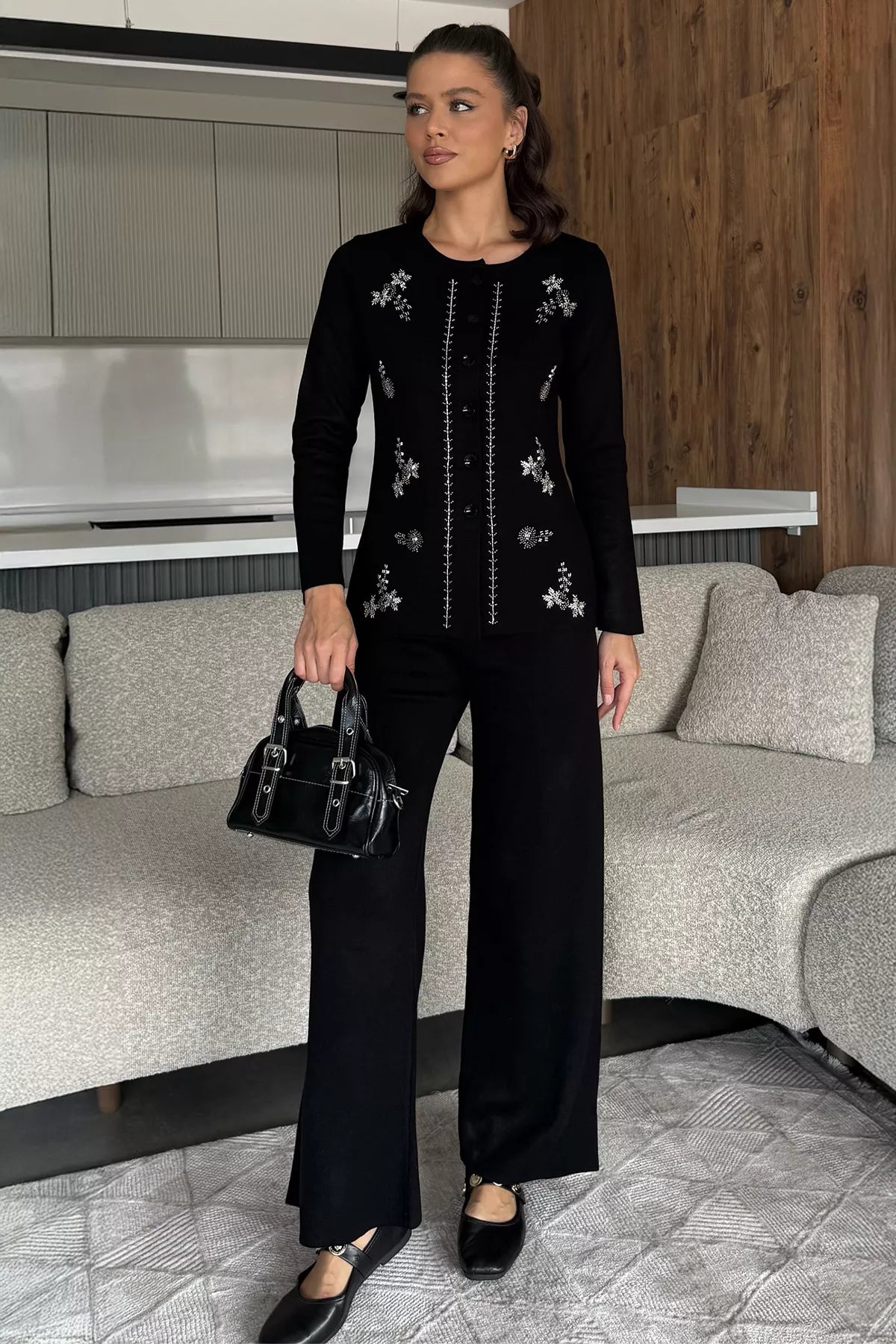 Kadın Taşlı Triko Hırka Pantolon İkili Takım